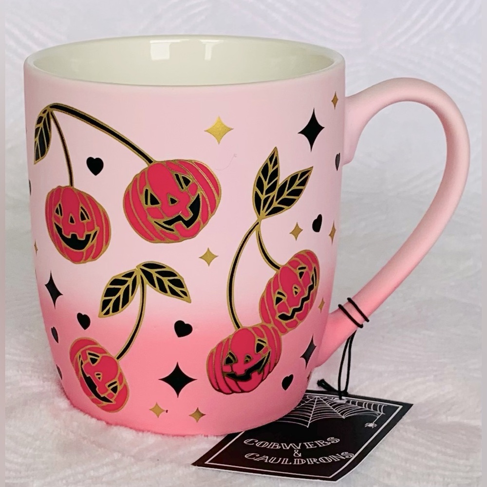 SALE - Cobwebs & Cauldrons Pink Ombré Halloween Cherry Pumpkins Mug